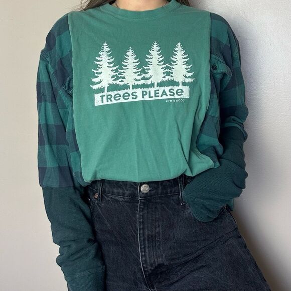 Reworked Upcycled Two Tone Checkered Green Long Sleeve Relaxed Flannel Shirt Top - Picture 4 of 4